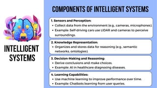 Intelligent
Systems
Components of Intelligent Systems
1. Sensors and Perception:
Collect data from the environment (e.g., cameras, microphones).
Example: Self-driving cars use LIDAR and cameras to perceive
surroundings.
2. Knowledge Representation:
Organizes and stores data for reasoning (e.g., semantic
networks, ontologies).
3. Decision-Making and Reasoning:
Derive conclusions and make choices.
Example: AI in healthcare diagnosing diseases.
4. Learning Capabilities:
Use machine learning to improve performance over time.
Example: Chatbots learning from user queries.
 