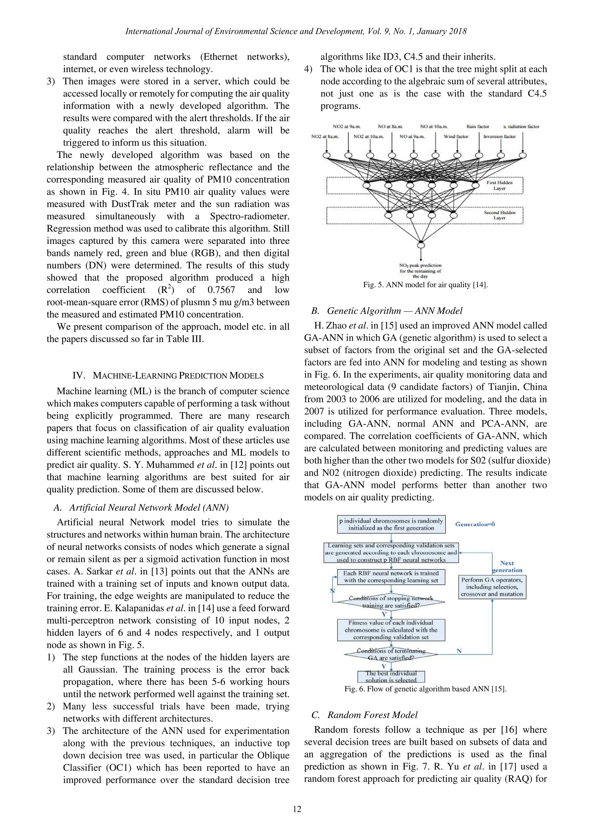 standard computer networks (Ethernet networks),
internet, or even wireless technology.
3) Then images were stored in a server, which could be
accessed locally or remotely for computing the air quality
information with a newly developed algorithm. The
results were compared with the alert thresholds. If the air
quality reaches the alert threshold, alarm will be
triggered to inform us this situation.
The newly developed algorithm was based on the
relationship between the atmospheric reflectance and the
corresponding measured air quality of PM10 concentration
as shown in Fig. 4. In situ PM10 air quality values were
measured with DustTrak meter and the sun radiation was
measured simultaneously with a Spectro-radiometer.
Regression method was used to calibrate this algorithm. Still
images captured by this camera were separated into three
bands namely red, green and blue (RGB), and then digital
numbers (DN) were determined. The results of this study
showed that the proposed algorithm produced a high
correlation coefficient (R2
) of 0.7567 and low
root-mean-square error (RMS) of plusmn 5 mu g/m3 between
the measured and estimated PM10 concentration.
We present comparison of the approach, model etc. in all
the papers discussed so far in Table III.
IV. MACHINE-LEARNING PREDICTION MODELS
Machine learning (ML) is the branch of computer science
which makes computers capable of performing a task without
being explicitly programmed. There are many research
papers that focus on classification of air quality evaluation
using machine learning algorithms. Most of these articles use
different scientific methods, approaches and ML models to
predict air quality. S. Y. Muhammed et al. in [12] points out
that machine learning algorithms are best suited for air
quality prediction. Some of them are discussed below.
A. Artificial Neural Network Model (ANN)
Artificial neural Network model tries to simulate the
structures and networks within human brain. The architecture
of neural networks consists of nodes which generate a signal
or remain silent as per a sigmoid activation function in most
cases. A. Sarkar et al. in [13] points out that the ANNs are
trained with a training set of inputs and known output data.
For training, the edge weights are manipulated to reduce the
training error. E. Kalapanidas et al. in [14] use a feed forward
multi-perceptron network consisting of 10 input nodes, 2
hidden layers of 6 and 4 nodes respectively, and 1 output
node as shown in Fig. 5.
1) The step functions at the nodes of the hidden layers are
all Gaussian. The training process is the error back
propagation, where there has been 5-6 working hours
until the network performed well against the training set.
2) Many less successful trials have been made, trying
networks with different architectures.
3) The architecture of the ANN used for experimentation
along with the previous techniques, an inductive top
down decision tree was used, in particular the Oblique
Classifier (OC1) which has been reported to have an
improved performance over the standard decision tree
algorithms like ID3, C4.5 and their inherits.
4) The whole idea of OC1 is that the tree might split at each
node according to the algebraic sum of several attributes,
not just one as is the case with the standard C4.5
programs.
Fig. 5. ANN model for air quality [14].
B. Genetic Algorithm — ANN Model
H. Zhao et al. in [15] used an improved ANN model called
GA-ANN in which GA (genetic algorithm) is used to select a
subset of factors from the original set and the GA-selected
factors are fed into ANN for modeling and testing as shown
in Fig. 6. In the experiments, air quality monitoring data and
meteorological data (9 candidate factors) of Tianjin, China
from 2003 to 2006 are utilized for modeling, and the data in
2007 is utilized for performance evaluation. Three models,
including GA-ANN, normal ANN and PCA-ANN, are
compared. The correlation coefficients of GA-ANN, which
are calculated between monitoring and predicting values are
both higher than the other two models for S02 (sulfur dioxide)
and N02 (nitrogen dioxide) predicting. The results indicate
that GA-ANN model performs better than another two
models on air quality predicting.
Fig. 6. Flow of genetic algorithm based ANN [15].
C. Random Forest Model
Random forests follow a technique as per [16] where
several decision trees are built based on subsets of data and
an aggregation of the predictions is used as the final
prediction as shown in Fig. 7. R. Yu et al. in [17] used a
random forest approach for predicting air quality (RAQ) for
International Journal of Environmental Science and Development, Vol. 9, No. 1, January 2018
12
 
