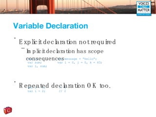 Variable Declaration Explicit declaration not required Implicit declaration has scope consequences Repeated declaration OK too. var i; var sum; var i, sum; var message = “hello”; var i = 0, j = 0, k = 43; var i = 1; // 1 var i = 2; // 2 