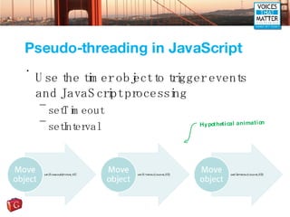 Pseudo-threading in JavaScript Use the timer object to trigger events and JavaScript processing setTimeout setInterval Hypothetical animation 