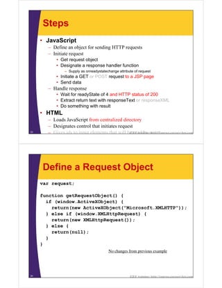Steps
     • JavaScript
       – Define an object for sending HTTP requests
       – Initiate request
           • Get request object
           • Designate a response handler function
                – Supply as onreadystatechange attribute of request
           • Initiate a GET or POST request to a JSP page
           • Send data
       – Handle response
           • Wait for readyState of 4 and HTTP status of 200
           • Extract return text with responseText or responseXML
           • Do something with result
     • HTML
       – Loads JavaScript from centralized directory
       – Designates control that initiates request
23
       – Gives ids to input elements that will be read by script
                                                J2EE training: http://courses.coreservlets.com




     Define a Request Object
     var request;

     function getRequestObject() {
       if (window.ActiveXObject) {
         return(new ActiveXObject("Microsoft.XMLHTTP"));
       } else if (window.XMLHttpRequest) {
         return(new XMLHttpRequest());
       } else {
         return(null);
       }
     }
                                           No changes from previous example




24                                                     J2EE training: http://courses.coreservlets.com
 