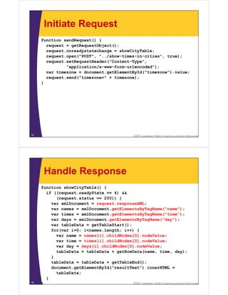 Initiate Request
     function sendRequest() {
       request = getRequestObject();
       request.onreadystatechange = showCityTable;
       request.open("POST", "../show-times-in-cities", true);
       request.setRequestHeader("Content-Type",
               "application/x-www-form-urlencoded");
       var timezone = document.getElementById("timezone").value;
       request.send("timezone=" + timezone);
     }




75                                                   J2EE training: http://courses.coreservlets.com




      Handle Response
     function showCityTable() {
       if ((request.readyState == 4) &&
           (request.status == 200)) {
         var xmlDocument = request.responseXML;
         var names = xmlDocument.getElementsByTagName("name");
         var times = xmlDocument.getElementsByTagName("time");
         var days = xmlDocument.getElementsByTagName("day");
         var tableData = getTableStart();
         for(var i=0; i<names.length; i++) {
           var name = names[i].childNodes[0].nodeValue;
           var time = times[i].childNodes[0].nodeValue;
           var day = days[i].childNodes[0].nodeValue;
           tableData = tableData + getRowData(name, time, day);
         }
         tableData = tableData + getTableEnd();
         document.getElementById("resultText").innerHTML =
           tableData;
       }
76                                        J2EE training: http://courses.coreservlets.com
     }
 