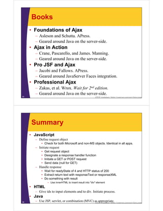 Books
     • Foundations of Ajax
       – Asleson and Schutta. APress.
       – Geared around Java on the server-side.
     • Ajax in Action
       – Crane, Pascarello, and James. Manning.
       – Geared around Java on the server-side.
     • Pro JSF and Ajax
       – Jacobi and Fallows. APress.
       – Geared around JavaServer Faces integration.
     • Professional Ajax
       – Zakas, et al. Wrox. Wait for 2nd edition.
       – Geared around Java on the server-side.
85                                                         J2EE training: http://courses.coreservlets.com




     Summary
     • JavaScript
       – Define request object
           • Check for both Microsoft and non-MS objects. Identical in all apps.
       – Initiate request
           •   Get request object
           •   Designate a response handler function
           •   Initiate a GET or POST request
           •   Send data (null for GET)
       – Handle response
           • Wait for readyState of 4 and HTTP status of 200
           • Extract return text with responseText or responseXML
           • Do something with result
                 – Use innerHTML to insert result into "div" element
     • HTML
       – Give ids to input elements and to div. Initiate process.
     • Java
86     – Use JSP, servlet, or combination (MVC) as appropriate.
                                                J2EE training: http://courses.coreservlets.com
 