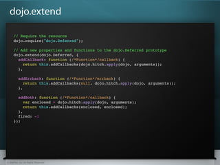 dojo.extend

      // Require the resource
      dojo.require("dojo.Deferred");

      // Add new properties and functions to the dojo.Deferred prototype
      dojo.extend(dojo.Deferred, {
        addCallback: function (/*Function*/callback) {
           return this.addCallbacks(dojo.hitch.apply(dojo, arguments));
        },

          addErrback: function (/*Function*/errback) {
             return this.addCallbacks(null, dojo.hitch.apply(dojo, arguments));
          },

        addBoth: function (/*Function*/callback) {
           var enclosed = dojo.hitch.apply(dojo, arguments);
           return this.addCallbacks(enclosed, enclosed);
        },
        fired: -1
      });




© SitePen, Inc. All Rights Reserved
 