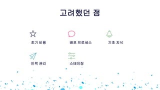 인력 관리
기초 지식초기 비용
스테이징
배포 프로세스
고려했던 점
 