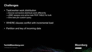 © 2018 Bloomberg Finance L.P. All rights reserved.
© 2019 Bloomberg Finance L.P. All rights reserved.
Challenges
• Task/worker work distribution
—Source connectors distribute work differently
—JDBC assigns one active task PER TABLE for bulk
—One task per custom query
• WHERE clauses conflict with incremental load
• Partition and key of incoming data
 