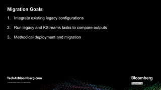 © 2018 Bloomberg Finance L.P. All rights reserved.
© 2019 Bloomberg Finance L.P. All rights reserved.
Migration Goals
1. Integrate existing legacy configurations
2. Run legacy and KStreams tasks to compare outputs
3. Methodical deployment and migration
 