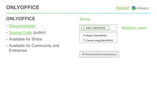 ONLYOFFICE
ONLYOFFICE
§ Documentation
§ Source Code (public)
§ Available for Share
§ Available for Community and
Enterprise
Share
“Multiple users”
 