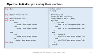 Algorithm to find largest among three numbers.
Step 1: Start
Step 2: Declare variables a, b and c.
Step 3: Read variables a, b and c.
Step 4: If a>b
If a>c
Display a is the largest number.
Else
Display c is the largest number.
Else
If b>c
Display b is the largest number.
Else
Display c is the largest number.
Step 5: Stop
#include <stdio.h>
int main()
{
double n1, n2, n3;
printf("Enter three numbers: ");
scanf("%lf %lf %lf", &n1, &n2, &n3);
if (n1>=n2)
{ if(n1>=n3)
printf ("%.2lf is the largest number.", n1);
else
printf ("%.2lf is the largest number.", n3);
}
else
{ if(n2>=n3)
printf ("%.2lf is the largest number.", n2);
else
printf ("%.2lf is the largest number.",n3);
}
return 0;
}
6Ramakant Soni, Asst. Professor, CS Dept., BKBIET Pilani
 