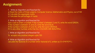 Assignment:
1. Write an Algorithm and flowchart for
a) Read the marks of three subjects: Computer Science, Mathematics and Physics, out of 100
b) Calculate the aggregate marks
c) Calculate the percentage of marks
2. Write an Algorithm and flowchart for
Ask a user to enter a number. If the number is between 5 and 15, write the word GREEN.
If the number is between 15 and 25, write the word BLUE.
if the number is between 25 and 35, write the word ORANGE.
If it is any other number, write that ALL COLOURS ARE BEAUTIFUL
3. Write an Algorithm and flowchart for
To accepts only positive integers upto 100.
4. Write an Algorithm and flowchart for
calculate the factorial of a number (Hint: Factorial of 5, written as 5!=5*4*3*2*1 ) .
 