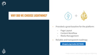 • Provided a great baseline for the platform:
– Page Layout
– Content Workflow
– Media Management
• Reliable and transparent roadmap:
Image source: www.drupal.org/project/lightning
WHY DID WE CHOOSE LIGHTNING?
drupal.org/node/2670686
 