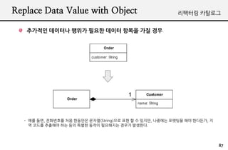 Replace Data Value with Object                            리팩터링 카탈로그


   추가적인 데이터나 행위가 필요한 데이터 항목을 가질 경우




  - 예를 들면, 전화번호를 처음 한동안은 문자열(String)으로 표현 할 수 있지만, 나중에는 포맷팅을 해야 한다든가, 지
    역 코드를 추출해야 하는 등의 특별한 동작이 필요해지는 경우가 발생한다.




                                                                          87
 