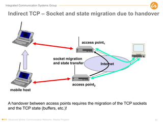 Integrated Communication Systems Group
Indirect TCP – Socket and state migration due to handover
Advanced Mobile Communication Networks, Master Program 45
mobile host
access point2
Internet
access point1
socket migration
and state transfer
A handover between access points requires the migration of the TCP sockets
and the TCP state (buffers, etc.)!
 