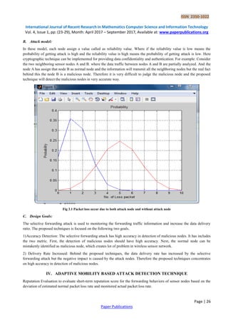 ISSN 2350-1022
International Journal of Recent Research in Mathematics Computer Science and Information Technology
Vol. 4, Issue 1, pp: (23-29), Month: April 2017 – September 2017, Available at: www.paperpublications.org
Page | 26
Paper Publications
B. Attack model:
In these model, each node assign a value called as reliability value. Where if the reliability value is low means the
probability of getting attack is high and the reliability value is high means the probability of getting attack is low. Here
cryptographic technique can be implemented for providing data confidentiality and authentication. For example: Consider
the two neighboring sensor nodes A and B. where the data traffic between nodes A and B are partially analyzed. And the
node A has assign that node B as normal node and the information will transmit all the neighboring nodes but the real fact
behind this the node B is a malicious node. Therefore it is very difficult to judge the malicious node and the proposed
technique will detect the malicious nodes in very accurate way.
Fig 3.1 Packet loss occur due to both attack node and without attack node
C. Design Goals:
The selective forwarding attack is used to monitoring the forwarding traffic information and increase the data delivery
ratio. The proposed techniques is focused on the following two goals.
1)Accuracy Detection: The selective forwarding attack has high accuracy in detection of malicious nodes. It has includes
the two metric. First, the detection of malicious nodes should have high accuracy. Next, the normal node can be
mistakenly identified as malicious node, which creates lot of problem in wireless sensor network.
2) Delivery Rate Increased: Behind the proposed techniques, the data delivery rate has increased by the selective
forwarding attack but the negative impact is caused by the attack nodes. Therefore the proposed techniques concentrates
on high accuracy in detection of malicious nodes.
IV. ADAPTIVE MOBILITY BASED ATTACK DETECTION TECHNIQUE
Reputation Evaluation to evaluate short-term reputation score for the forwarding behaviors of sensor nodes based on the
deviation of estimated normal packet loss rate and monitored actual packet loss rate.
 