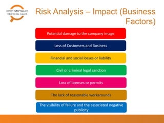 Risk Analysis – Impact (Business
Factors)
Potential damage to the company image
Loss of Customers and Business
Financial and social losses or liability
Civil or criminal legal sanction
Loss of licenses or permits
The lack of reasonable workarounds
The visibility of failure and the associated negative
publicity
16
 
