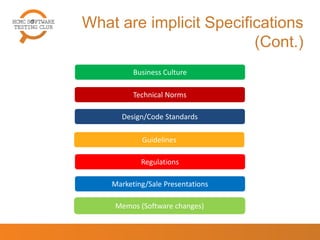 What are implicit Specifications
(Cont.)
Business Culture
Technical Norms
Design/Code Standards
Guidelines
Regulations
Marketing/Sale Presentations
Memos (Software changes)
26
 