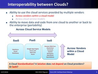 Binh-Minh Nguyen
Interoperability between Clouds?
Ability to use the cloud services provided by multiple vendors
Across vendors within a cloud model
Across cloud service models
Ability to move data and code from one cloud to another or back to
the enterprise (portability)
Across Cloud Service Models
Across Vendors
within a Cloud
Model
IaaSSaaS PaaS
Amazon Web Svcs
ElasticHost
Teremark
GoGrid
Rackspace
OpenStack
OpenNebula
Salesforce
Gmail
DeskAway
Google App Engine
Force.com
Rails One
Azure
A Cloud Standardization? A Solution does not depend on Cloud providers?
Or both?
2/27/2016 Hanoi 8th VietOpenStack Meetup 9
 