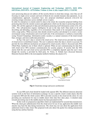 International Journal of Computer Engineering and Technology (IJCET), ISSN 0976-
6367(Print), ISSN 0976 – 6375(Online) Volume 4, Issue 4, July-August (2013), © IAEME
383
users possessing data,can not address all the security threats in cloud data storage, since they are all
focusing on single server scenario and most of them do not consider dynamic data operations. As an
complementary approach, researchers have also proposed distributed protocols [12]–[13] for
ensuring storage correctness across multiple servers or peers.
In order for enterprises to extend control to data in the cloud, the researcher proposed shifting from
protecting data from the outside (system and applications which use the data) to protecting data from
within. We call this approach of data and information protecting itself information-centric [14], [15],
[16] . This self-protection requires intelligence be put in the data itself. Data needs to be self-
describing and defending, regardless of its environment. Data needs to be encrypted and packaged
with a usage policy. When accessed, data should consult its policy and attempt to re-create a secure
environment using virtualization and reveal itself only if the environment is verified as trustworthy
(using Trusted Computing). Information-centric security is a natural extension of the trend toward
finer, stronger, and more usable data protection.
In Fig-1 the user’s data is stored in the cloud server. The cloud service provider has number
of cloud servers in distributed manner. The user is unknown where the data is stored or accessed. To
provide the trust different mechanism are proposed for cloud security which is discussed early.TPA
(Third Party Auditor)is one of them which is optional. When an user communicating for data flow
with cloud server TPA monitors communication for security purpose. If security fails the TPA
alarms both the user and cloud service provider.TPA is completely depends upon the user’s trust,
though the security is provided by third party. K. Vieira, A. Schulte have discussed Intrusion
Detection System (IDS) is the most popular method of defense the attacks [17].
Fig-1: Cloud data storage and access architecture
In case IDS each cloud should be loaded with separate IDS. The different intrusion detection
systems work on the basis of information exchange. In case a specific cloud is under attack, then the
co-operative IDS alert the whole system. IDS is provides security to the cloud not the client. It is not
providing any mechanism for man in middle attack when data flow takes place. A detailed study
towards preventing man in the middle attacks has been presented in [18].
In this work we proposed an algorithm which can implemented for secured data transmission.
When the client gets authentication from the cloud server for use of any application the middle ware
attacker may hack the data during transmission. The client may not sure about the application from
authorized cloud or fake cloud. This proposed work also detect the packet loss during transmission
using the key and key function.
 