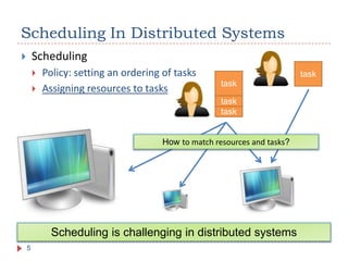 Scheduling In Distributed Systems
       Scheduling
           Policy: setting an ordering of tasks                            task
                                                       task
           Assigning resources to tasks
                                                       task
                                                       task


                                        How to match resources and tasks?




              Scheduling is challenging in distributed systems
    5
 