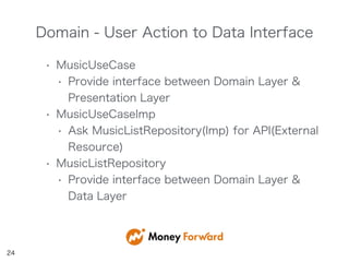 Domain - User Action to Data Interface
24
• MusicUseCase
• Provide interface between Domain Layer &
Presentation Layer
• MusicUseCaseImp
• Ask MusicListRepository(Imp) for API(External
Resource)
• MusicListRepository
• Provide interface between Domain Layer &
Data Layer
 