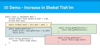 Demo - Increase in Shekel Tish’im
public class XL implements Meal {
private static final double XL_COST = 1.90;
private Meal meal;
public XL(Meal meal) { this.meal = meal; }
public double getPrice() {
double price = meal.getPrice() + XL_COST;
return price;
}
public String getChips() {
return "Extra large chips";
}
}
public String getMainCourse() {
return meal.getMainCourse();
}
public String getDrink() {
return "Extra large drink";
}
 