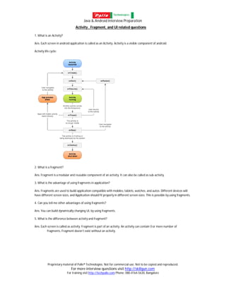 Java & Android Interview Preparation
Proprietary material of Palle® Technologies. Not for commercial use. Not to be copied and reproduced.
For more interview questions visit http://skillgun.com
For training visit http://techpalle.com Phone: 080-4164-5630, Bangalore
Activity , Fragment, and UI related questions
1. What is an Activity?
Ans. Each screen in android application is called as an Activity. Activity is a visible component of android.
Activity life cycle:
2. What is a fragment?
Ans. Fragment is a modular and reusable component of an activity. It can also be called as sub-activity.
3. What is the advantage of using fragments in application?
Ans. Fragments are used to build application compatible with mobiles, tablets, watches, and autos. Different devices will
have different screen sizes, and Application should fit properly in different screen sizes. This is possible by using fragments.
4. Can you tell me other advantages of using fragments?
Ans. You can build dynamically changing UI, by using fragments.
5. What is the difference between activity and fragment?
Ans. Each screen is called as activity. Fragment is part of an activity. An activity can contain 0 or more number of
fragments. Fragment doesn’t exist without an activity.
 