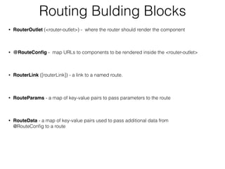 Routing Bulding Blocks
• RouterOutlet (<router-outlet>) - where the router should render the component
• @RouteConﬁg - map URLs to components to be rendered inside the <router-outlet>
• RouterLink ([routerLink]) - a link to a named route.
• RouteParams - a map of key-value pairs to pass parameters to the route
• RouteData - a map of key-value pairs used to pass additional data from
@RouteConﬁg to a route
 