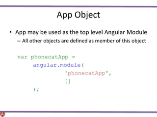 App Object
• App may be used as the top level Angular Module
– All other objects are defined as member of this object
var phonecatApp =
angular.module(
'phonecatApp',
[]
);
 