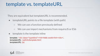 template vs. templateURL
They are equivalent but templateURL is recommended.
● templateURL points to a file template (with path)
○ We can use a function previously defined
○ We can use import mechanisms from requireJS or ES6
● template is the template inline
template: '<div class="sparkline"><h4>Hello world</h4></div>',
templateURL: 'path/to/template.html',
templateURL: tpl,
 