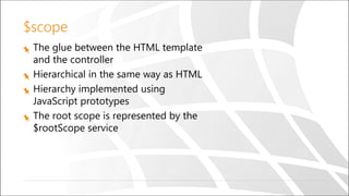 $scope
The glue between the HTML template
and the controller
Hierarchical in the same way as HTML
Hierarchy implemented using
JavaScript prototypes
The root scope is represented by the
$rootScope service
 