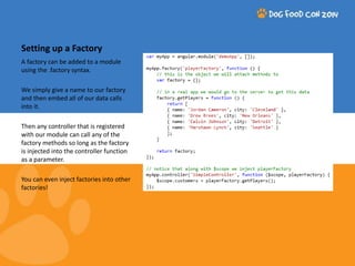 Setting up a Factory 
A factory can be added to a module 
using the .factory syntax. 
We simply give a name to our factory 
and then embed all of our data calls 
into it. 
Then any controller that is registered 
with our module can call any of the 
factory methods so long as the factory 
is injected into the controller function 
as a parameter. 
You can even inject factories into other 
factories! 
 