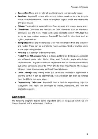 Angular JS Tutorial
2
 Controller: These are JavaScript functions bound to a particular scope.
 Services: AngularJS comes with several built-in services such as $http to
make a XMLHttpRequests. These are singleton objects which are instantiated
only once in app.
 Filters: These select a subset of items from an array and returns a new array.
 Directives: Directives are markers on DOM elements such as elements,
attributes, css, and more. These can be used to create custom HTML tags that
serve as new, custom widgets. AngularJS has built-in directives such as
ngBind, ngModel etc.
 Templates:These are the rendered view with information from the controller
and model. These can be a single file (such as index.html) or multiple views
in one page using partials.
 Routing: It is concept of switching views.
 Model View Whatever: MVW is a design pattern for dividing an application
into different parts called Model, View, and Controller, each with distinct
responsibilities. AngularJS does not implement MVC in the traditional sense,
but rather something closer to MVVM (Model-View-ViewModel). The Angular
JS team refers it humorously as Model View Whatever.
 Deep Linking: Deep linking allows you to encode the state of application in
the URL so that it can be bookmarked. The application can then be restored
from the URL to the same state.
 Dependency Injection: AngularJS has a built-in dependency injection
subsystem that helps the developer to create,understand, and test the
applications easily.
Concepts
The following diagram depicts some important parts of AngularJS which we will
discuss in detail in the subsequent chapters.
 