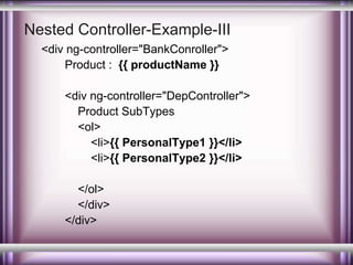 Nested Controller-Example-III 
<div ng-controller="BankConroller"> 
Product : {{ productName }} 
<div ng-controller="DepController"> 
Product SubTypes 
<ol> 
<li>{{ PersonalType1 }}</li> 
<li>{{ PersonalType2 }}</li> 
</ol> 
</div> 
</div> 
 