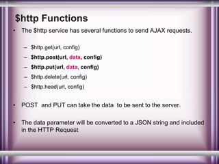 $http Functions 
• The $http service has several functions to send AJAX requests. 
– $http.get(url, config) 
– $http.post(url, data, config) 
– $http.put(url, data, config) 
– $http.delete(url, config) 
– $http.head(url, config) 
• POST and PUT can take the data to be sent to the server. 
• The data parameter will be converted to a JSON string and included 
in the HTTP Request 
 