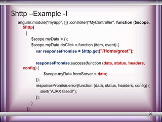 $http –Example -I 
angular.module("myapp", []) .controller("MyController", function ($scope, 
$http) 
{ 
$scope.myData = {}; 
$scope.myData.doClick = function (item, event) { 
var responsePromise = $http.get("/Home/greet"); 
responsePromise.success(function (data, status, headers, 
config) { 
$scope.myData.fromServer = data; 
}); 
responsePromise.error(function (data, status, headers, config) { 
alert("AJAX failed!"); 
}); 
} 
}); 
90 
 