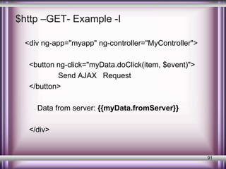 $http –GET- Example -I 
<div ng-app="myapp" ng-controller="MyController"> 
<button ng-click="myData.doClick(item, $event)"> 
Send AJAX Request 
</button> 
Data from server: {{myData.fromServer}} 
</div> 
91 
 
