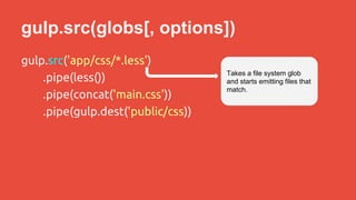 gulp.src(globs[, options]) 
gulp.src('app/css/*.less') 
.pipe(less()) 
.pipe(concat('main.css')) 
.pipe(gulp.dest('public/css)) 
Takes a file system glob 
and starts emitting files that 
match. 
 