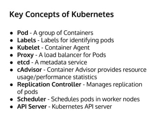 Key Concepts of Kubernetes
● Pod - A group of Containers
● Labels - Labels for identifying pods
● Kubelet - Container Agent
● Proxy - A load balancer for Pods
● etcd - A metadata service
● cAdvisor - Container Advisor provides resource
usage/performance statistics
● Replication Controller - Manages replication
of pods
● Scheduler - Schedules pods in worker nodes
● API Server - Kubernetes API server
 