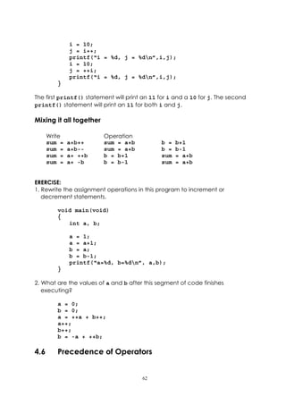 i = 10;
              j = i++;
              printf(“i = %d, j = %dn”,i,j);
              i = 10;
              j = ++i;
              printf(“i = %d, j = %dn”,i,j);
         }

The first printf() statement will print an 11 for i and a 10 for j. The second
printf() statement will print an 11 for both i and j.

Mixing it all together

      Write              Operation
      sum =   a+b++      sum = a+b            b =   b+1
      sum =   a+b--      sum = a+b            b =   b-1
      sum =   a+ ++b     b = b+1              sum   = a+b
      sum =   a+ -b      b = b-1              sum   = a+b


ERERCISE:
1. Rewrite the assignment operations in this program to increment or
   decrement statements.

         void main(void)
         {
            int a, b;

              a = 1;
              a = a+1;
              b = a;
              b = b-1;
              printf(“a=%d, b=%dn”, a,b);
         }

2. What are the values of a and b after this segment of code finishes
   executing?

         a = 0;
         b = 0;
         a = ++a + b++;
         a++;
         b++;
         b = -a + ++b;

4.6      Precedence of Operators


                                       62
 
