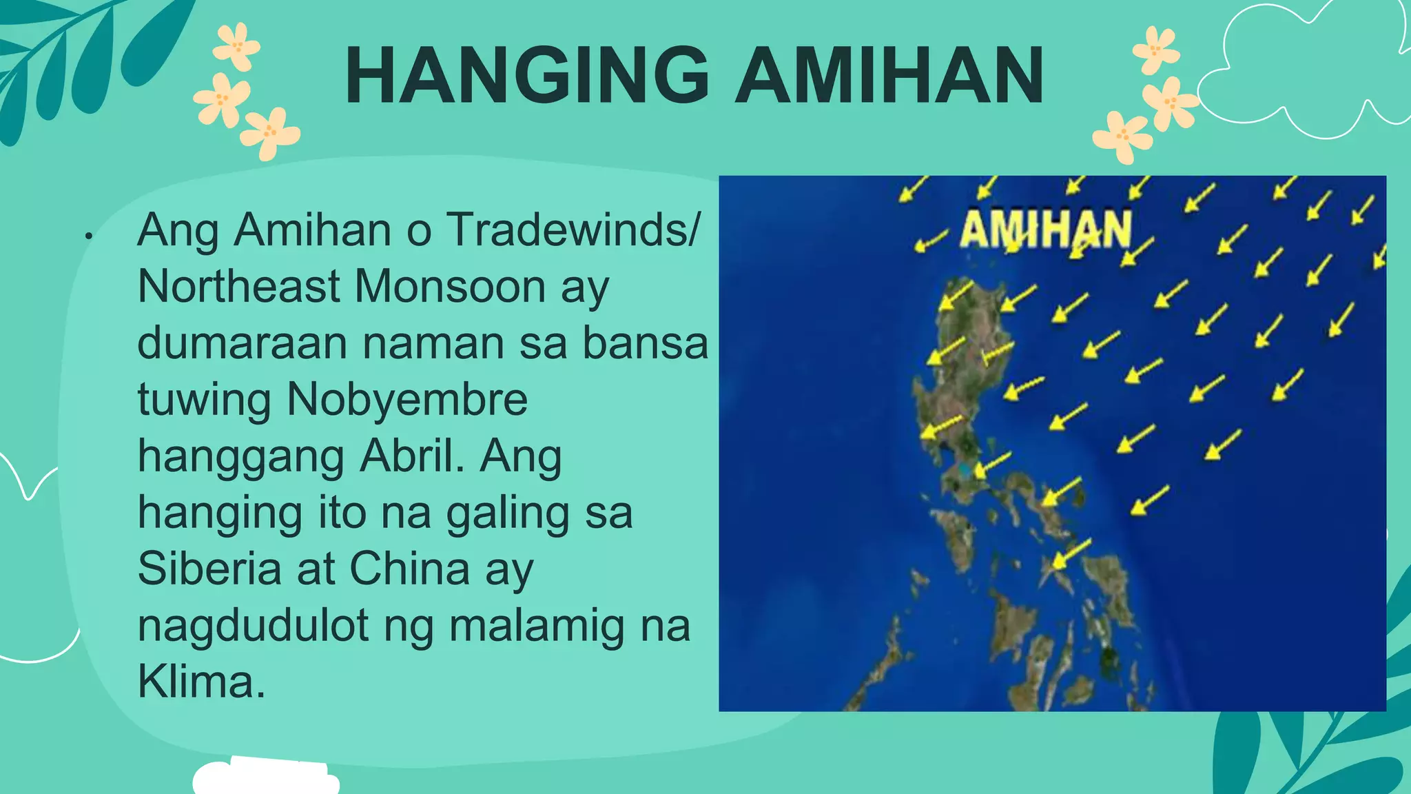 HANGING AMIHAN
• Ang Amihan o Tradewinds/
Northeast Monsoon ay
dumaraan naman sa bansa
tuwing Nobyembre
hanggang Abril. Ang
hanging ito na galing sa
Siberia at China ay
nagdudulot ng malamig na
Klima.
 