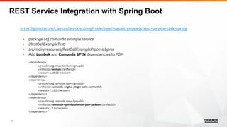 11
https://github.com/camunda-consulting/code/tree/master/snippets/rest-service-task-spring
• package org.camunda.example.service
• (RestCallExampleTest)
• src/main/resources/RestCallExampleProcess.bpmn
• Add Lombok and Camunda SPIN dependencies to POM
<dependency>
<groupId>org.projectlombok</groupId>
<artifactId>lombok</artifactId>
<version>1.18.12</version>
</dependency>
<dependency>
<groupId>org.camunda.bpm</groupId>
<artifactId>camunda-engine-plugin-spin</artifactId>
<version>7.13.0</version>
</dependency>
<dependency>
<groupId>org.camunda.spin</groupId>
<artifactId>camunda-spin-dataformat-json-jackson</artifactId>
<version>1.8.0</version>
</dependency>
REST Service Integration with Spring Boot
 
