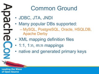Common Ground JDBC, JTA, JNDI Many popular DBs supported: MySQL, PostgreSQL, Oracle, HSQLDB, Apache Derby XML mapping definition files 1:1, 1:n, m:n mappings native and generated primary keys 