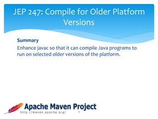 Summary
Enhance javac so that it can compile Java programs to
run on selected older versions of the platform.
13
JEP 247: Compile for Older Platform
Versions
 