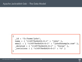 Apache Jackrabbit Oak – The Data Model 
{! 
_id : “2:/home/john”,! 
name : { “r14979e4b424-0-1” : “john” },! 
email : { “r14979e4b424-0-1” : “john@example.com” },! 
_deleted : { “r14979e4b424-0-1” : “false” },! 
_revisions : { “r14979e4b424-0-1” : “c” }! 
}! 
© 2014 Adobe Systems Incorporated. All Rights Reserved. 
28 
 