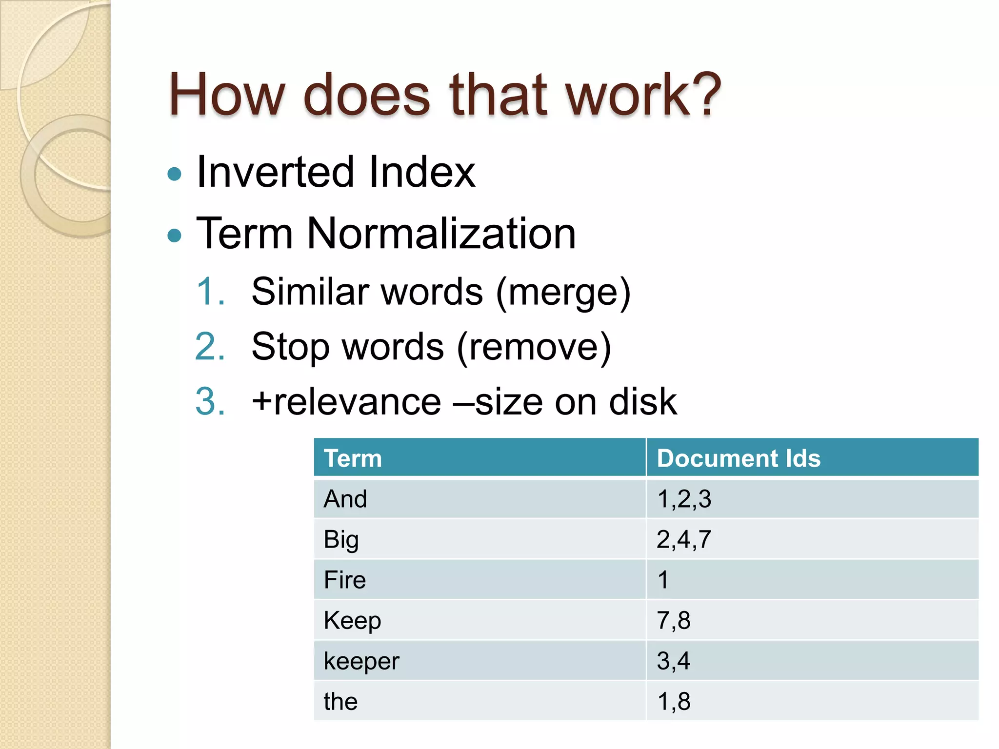 How does that work?
Inverted Index
Term Normalization
1. Similar words (merge)
2. Stop words (remove)
3. +relevance –size on disk
Term Document Ids
And 1,2,3
Big 2,4,7
Fire 1
Keep 7,8
keeper 3,4
the 1,8