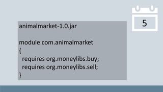 5animalmarket-1.0.jar
module com.animalmarket
{
requires org.moneylibs.buy;
requires org.moneylibs.sell;
}
 