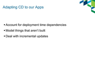 Adapting CD to our Apps

 Account for deployment time dependencies
 Model things that aren’t built
 Deal with incremental updates

 