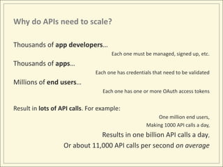 Why do APIs need to scale?

Thousands of app developers…
                                      Each one must be managed, signed up, etc.
Thousands of apps…
                               Each one has credentials that need to be validated
Millions of end users…
                                  Each one has one or more OAuth access tokens


Result in lots of API calls. For example:
                                                         One million end users,
                                                     Making 1000 API calls a day,
                               Results in one billion API calls a day,
                   Or about 11,000 API calls per second on average
 