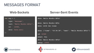 MESSAGES FORMAT
var msg = {
type: "message",
text: "Hello Nordic APIs!",
id: 12345,
date: Date.now()
};
data: Hello Nordic APIs!
data: Hello Nordic APIs
data: with two lines
data: {"time": "16:34:36", "text": "Hello Nordic APIs!"}
id: 12345
event: foo
data: Hello Nordic APIs!
retry: 10000
@StreamdataIOstreamdataio
Web-Sockets Server-Sent Events
 