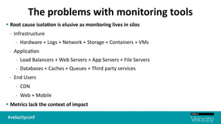 The	
  problems	
  with	
  monitoring	
  tools
§ Root	
  cause	
  isola7on	
  is	
  elusive	
  as	
  monitoring	
  lives	
  in	
  silos	
  
-­‐ Infrastructure	
  
-­‐ Hardware	
  +	
  Logs	
  +	
  Network	
  +	
  Storage	
  +	
  Containers	
  +	
  VMs	
  
-­‐ Applica$on	
  
-­‐ Load	
  Balancers	
  +	
  Web	
  Servers	
  +	
  App	
  Servers	
  +	
  File	
  Servers	
  
-­‐ Databases	
  +	
  Caches	
  +	
  Queues	
  +	
  Third	
  party	
  services	
  
-­‐ End	
  Users	
  
-­‐ CDN	
  
-­‐ Web	
  +	
  Mobile	
  
§ Metrics	
  lack	
  the	
  context	
  of	
  impact
 